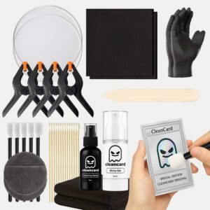 Complete Pokémon card restoration kit with cleaning spray, shine gel and professional tools for trading card care and display