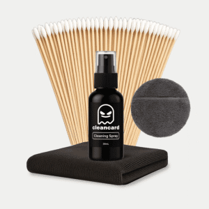 CleanCard cleaning spray kit for Pokémon and trading cards with applicator pad and display stand