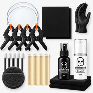 Complete Pokémon card restoration kit with cleaning spray, shine gel and professional tools for trading card care and display